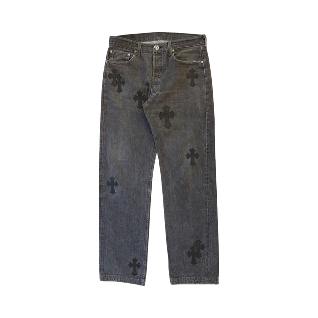 Chrome Hearts Jeans, Washed Black With Grey / Red / And Purple Accents