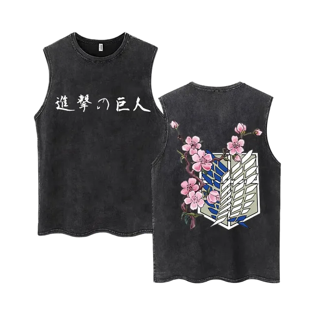 2026 Attack On Titan Wings Of Freedom Acid Wash Tank Top, Survey Corps Emblem Anime Print, Oversized Cotton Streetwear Tee, Black / White / Grey