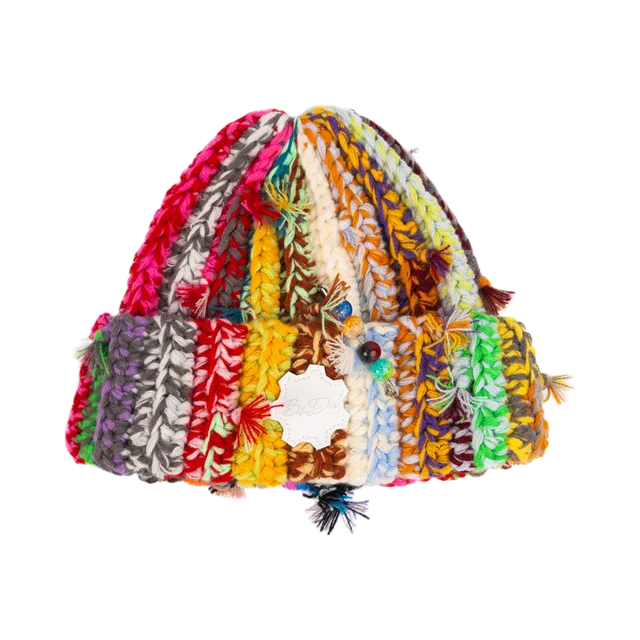 Multi-Color White Beanie, Multi-Color White / Orange / Yellow / Blue