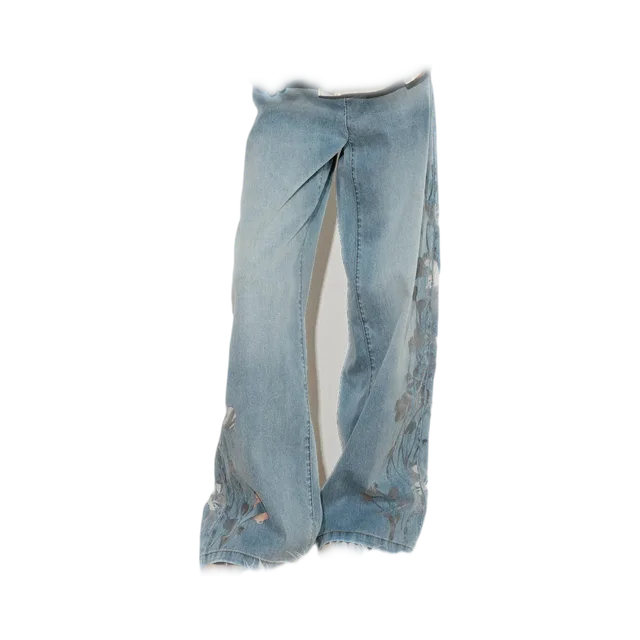 Dark Blue With Bleached/Discharge Printed Floral Pattern Jeans, Dark Blue With Bleached/Discharge Printed Floral Pattern