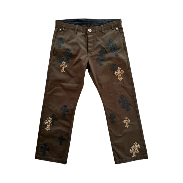 Chrome Hearts Brown Cheetah Cross Patch Chino Pants, Brown With Black And Leopard Print Accents