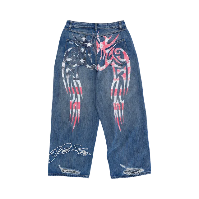 Dark Wash Denim With White And Red Graphic Details Jeans, Dark Wash Denim With White And Red Graphic Details