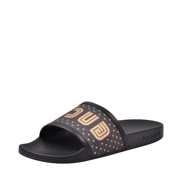 Gucci Slides, Black With Gold Tone Branding