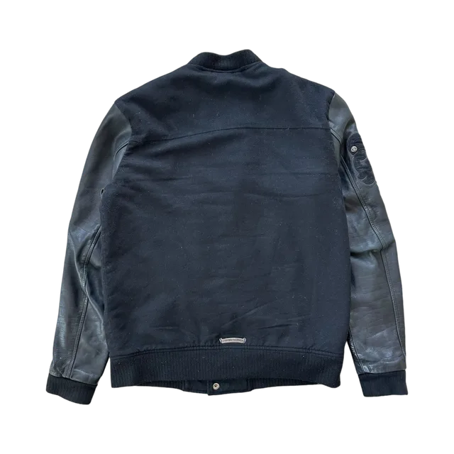 Chrome Hearts Black Leather Cross Patch Bomber Jacket, Black