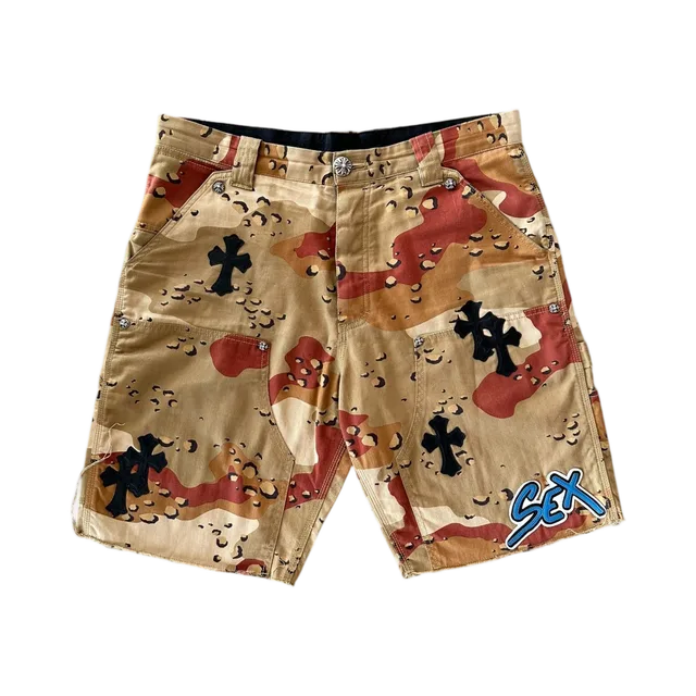 Chrome Hearts Desert Camouflage Sex Records Cross Patch Carpenter Shorts, Brown / Tan / Red / Black / Blue
