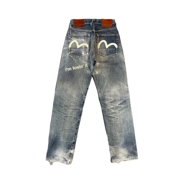 Dark Wash Indigo With Yellow Graphic Jeans, Dark Wash Indigo With Yellow Graphic