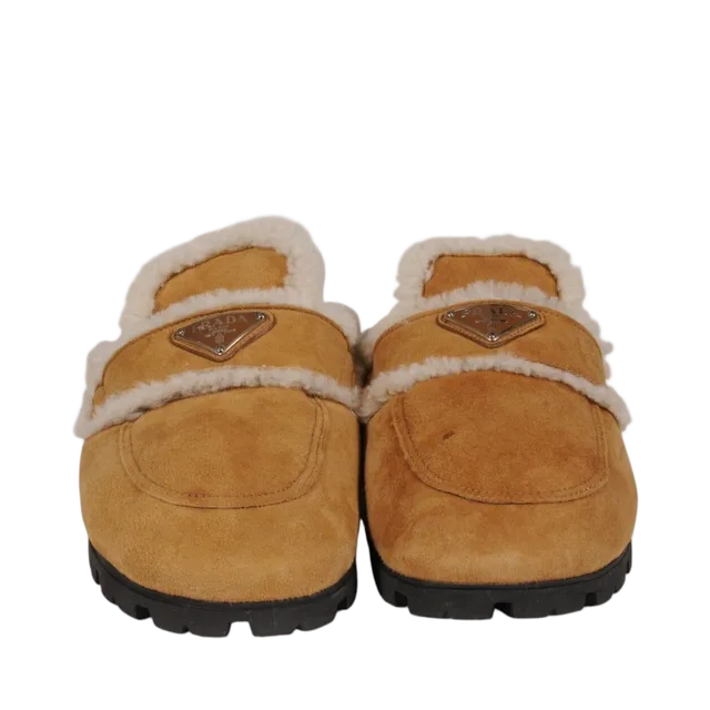 Prada Womens Shearling Trim Suede Mules Size 40 Us 10 Brown Tan, Tan / White